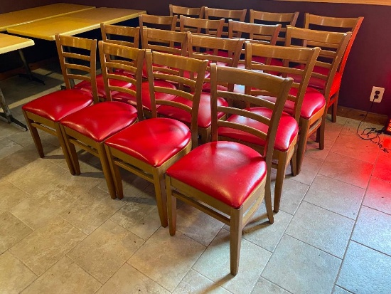 Lot of 12 Wooden Ladder Back Restaurant Chairs w/ Padded Red Vinyl Seat Cushions