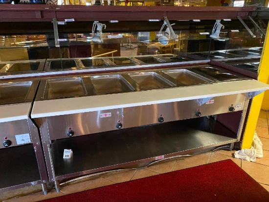 Advance Tabco Sealed Well Table, Rolling Electric Buffet w/ 5 Full Size Pan Heaters and Inserts,