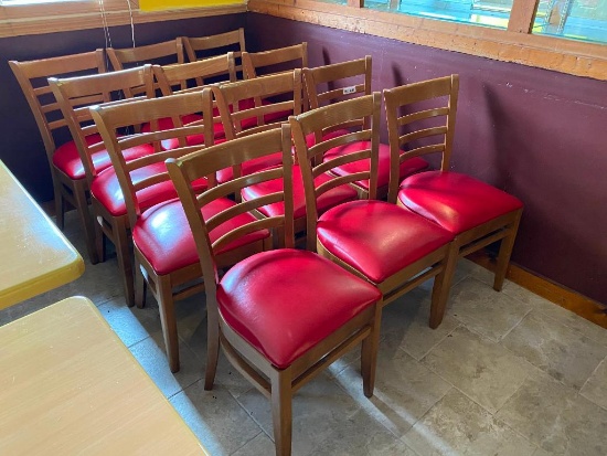 Lot of 12 Wooden Ladder Back Restaurant Chairs w/ Padded Red Vinyl Seat Cushions