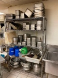 NSF Stationery Shelving Unit w/ Contents of Restaurant Smallwares, Lots of Steam Table Pans