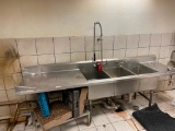 Three Compartment Stainless Steel Sink w/ Spray Wand, 112in x 32in x 36in H, 13in Deep