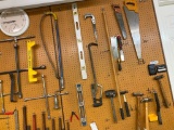 Large Group of Tools, Drain Snake, 6 Saws, 5 Hammers, 3 Lug Wrenchs and 3 Levels
