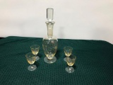 Vintage Decanter with 4 Matching Cordial Glasses, Yellow Starburst Pattern