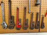 Lot of 6 Pipe Wrenches and 1 Large Crescent Wrench