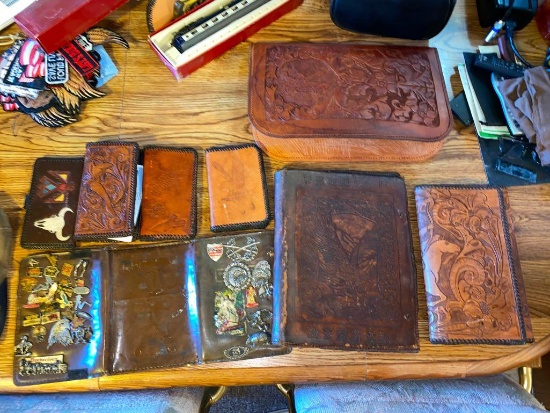 Leather Tooled Wallets, Binders, Sturgis Pins and Items