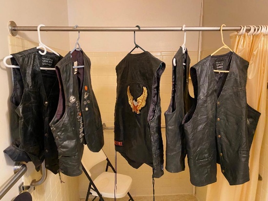 5 Leather Biker Vests, Most XXL and XXXL some w/ Pins, Patches