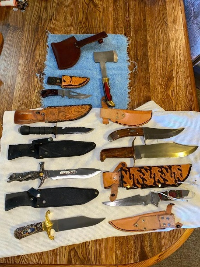 Lot of 8 Knives and Sheathes, 1 is a Hatchet