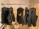 5 Leather Biker Vests, Most XXL and XXXL some w/ Pins, Patches