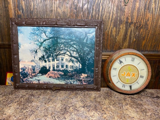 Jax Beer Barrel Clock, Not Working, Jax "Plantation Oaks" Art Treasure Print c. 1973