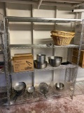 NSF Wire Shelving Rack w/ Contents; 12 Fry Pans, SS Bowls, Scoop, Baskets, Misc.