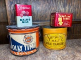 Antique Advertising Tins, Sioux City IA Jolly Time Popcorn Tin, Sunshine Malt Milk Crackers (No