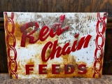 Red Chain Feeds Embossed Tin Sign, 20in x 14in
