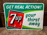 7-Up Metal Sign, c. 1964, 27in x 19, Stout Sign Co. - 7Up Get Real Action Your Thirst Away