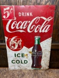Coca-Cola Metal Sign, Nickel 5 Cent, Drink Coca-Cola, Ice Cold Bottles, 28in x 18in, Single Sided
