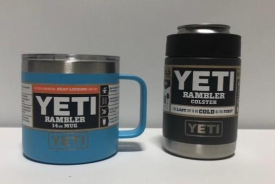 Lot of 2, YETI Rambler 14oz Mug Reef Blue, YETI Rambler Colster Charcoal, MSRP: $24.99 ea
