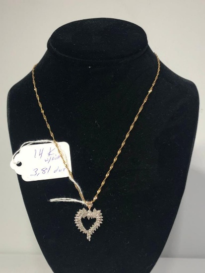 Beautiful 14k Gold Necklace w/ Diaond Heart Shape Pendant, 3.81 DWT