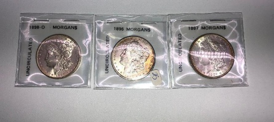 Lot of 3 Uncirculated Morgan Silver Dollars, 1887, 1896 and 1898