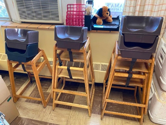Lot of 5 Wooden High Chairs and 5 Booster Seats