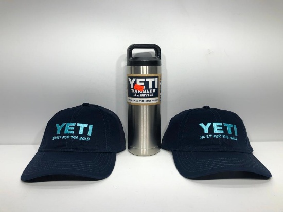 (3)Two Yeti Blue Built for the Wild Hats MSRP: $19.99 , Yeti Rambler 18oz Stainless Steel MSRP: