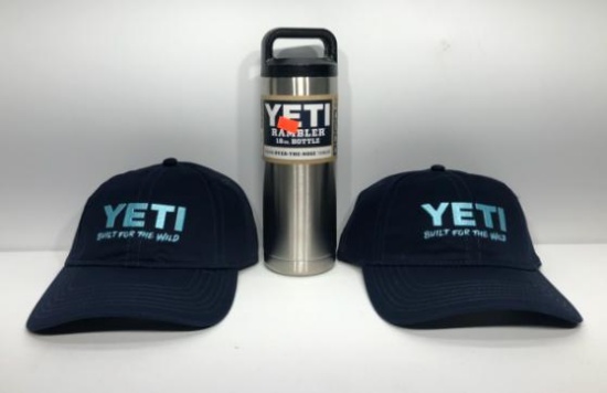 (3)Two Yeti Blue Built for the Wild Hats MSRP: $19.99 , Yeti Rambler 18oz Stainless Steel MSRP: