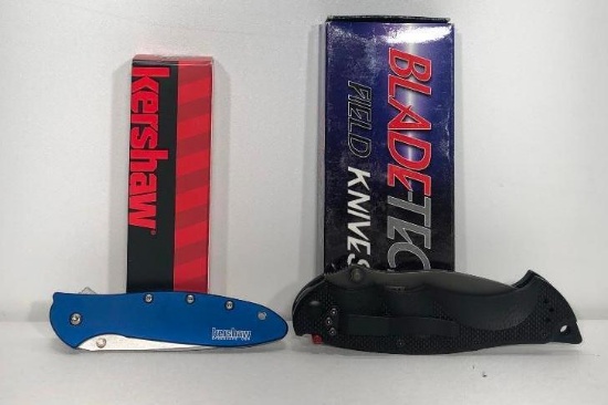 (2) Kershaw Blue Small Pocket Knife, Blade-Tech Field Knives Medium Pocket Knife