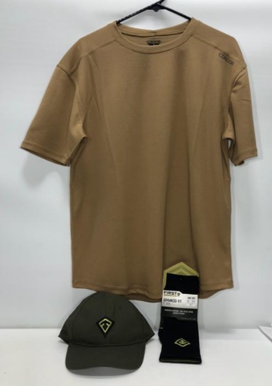 (3) Condor Medium Lightweight Tan Shirt MSRP: $9.99, First Tactical One Size Only Green Hat, First