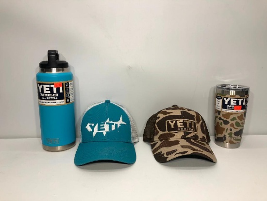 (4) Yeti Rambler 36oz Reef Blue MSRP: $49.99, Yeti Tarpon Trucker Hat MSRP: $24.99, Yeti Patch Camo