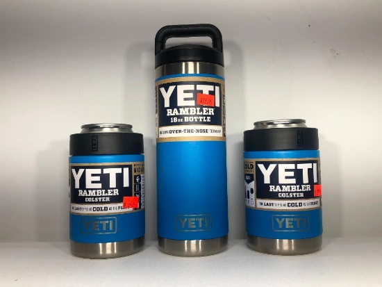(3) Two Yeti Rambler Colsters Tahoe Blue MSRP: $24.99, Yeti Rambler 26oz Bottle Tahoe Blue MSRP: $39