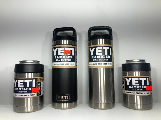 (4) Two Yeti Rambler Colsters Stainless MSRP: $24.99, Yeti Rambler 26oz Bottle Stainless MSRP: $29.9
