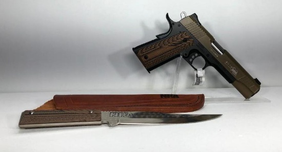 Kimber 1911 Custom II .45 Auto & Silver Stag Knife in Wood Display Case SN: NRA180616