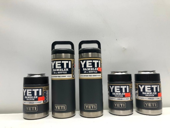(5) Three Yeti Rambler Colster Charcoal MSRP: $24.99, Two Yeti Rambler 18oz Bottle Charcoal MSRP: