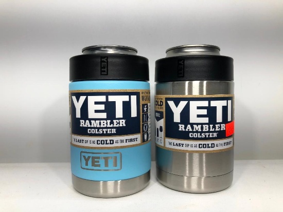 (2) Yeti Rambler Colster Stainless Steel MSRP: $24.99, Yeti Rambler Colster Reef Blue MSRP: $24.99