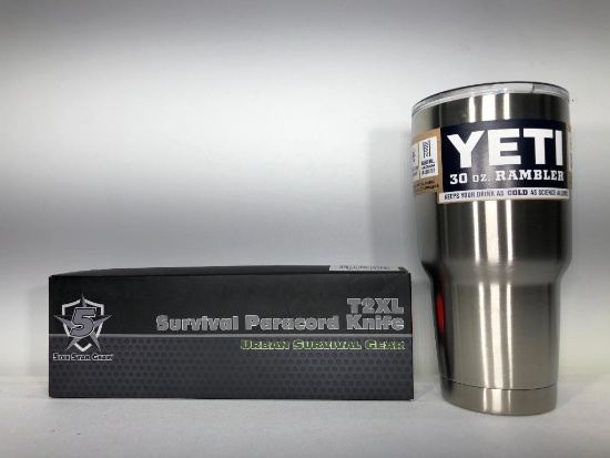 (2) T2XL Survival Paracord Knife Urban Survival Gear MSRP: $22.99, Yeti 30oz Rambler Stainless Steel