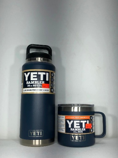 (2) Yeti Rambler 36oz Bottle Navy MSRP: $49.99, Yeti Rambler 14oz Mug Navy MSRP: $24.99