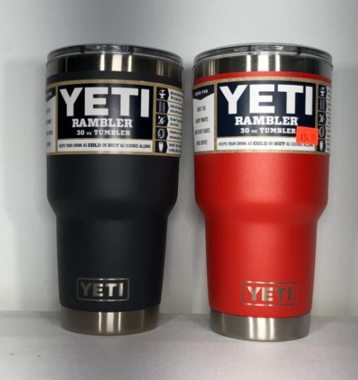 (2) Yeti Rambler 30oz Tumbler Canyon Red MSRP: $34.99, Yeti Rambler 30oz Tumbler Charcoal MSRP: $34.