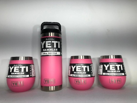 (4) Three Yeti Rambler 10oz Wine Tumbler Limited Edition Pink,Yeti Rambler 18oz Bottle Limit.Ed.Pink