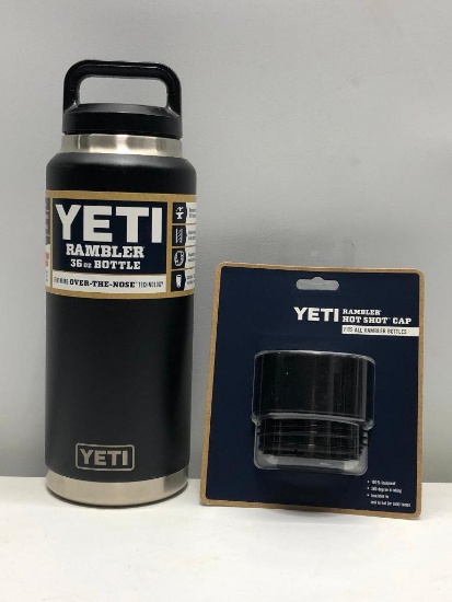 (2) Yeti Rambler Hot Shot Cap, Yeti Rambler 36oz Bottle Black MSRP: $49.99