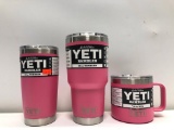 (3) Yeti Rambler 20oz Tumbler LE Pink, Yeti Rambler 30oz Tumbler LE Pink, Yeti Rambler 14oz Mug LE P