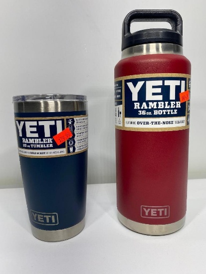 2 Items: Yeti Rambler 20oz Tumbler, Navy, Yeti 36oz Rambler Bottle, Brick Red