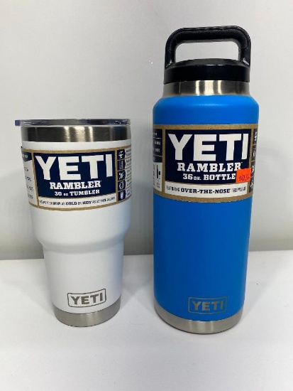 2 Items: Yeti 30oz Tumbler, White, Yeti 36oz Rambler Bottle, Tahoe Blue