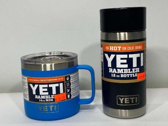 2 Items: Yeti Rambler 12oz Bottle, Black, Yeti Rambler 14oz Mug, Tahoe Blue