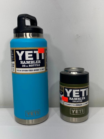 2 Items: Yeti 36oz Rambler Bottle, Reef Blue, Yeti Rambler Colster, Olive