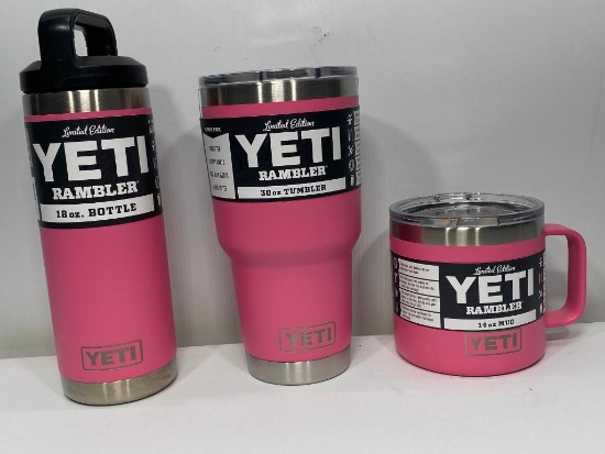 3 Items: Yeti Harbor Pink 18oz Bottle, 30oz Tumbler, 14oz Mug
