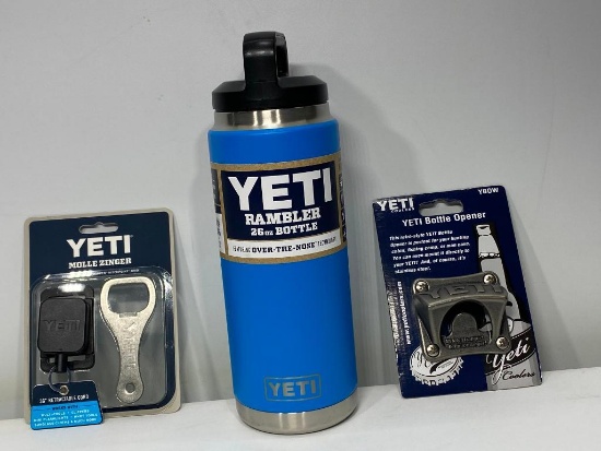 Yeti 26oz Rambler Bottle, Tahoe Blue, Yeti Molle Zinger and Bottle Opener
