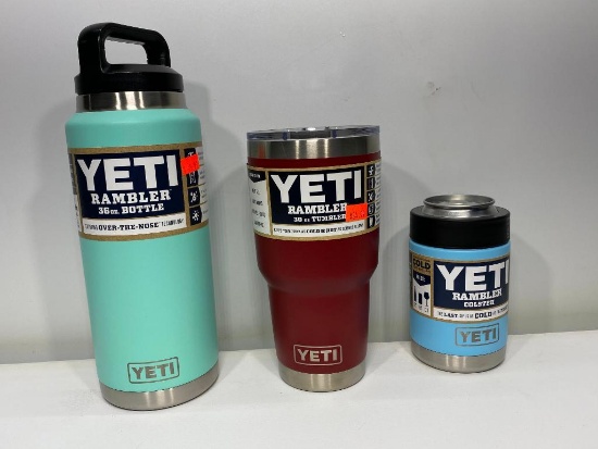 3 Items: Yeti 36oz Rambler Bottle, Seafoam, 30oz Rambler Tumbler, Brick Red, Sky Blue Yeti Colster