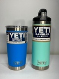 Two Items: Yeti Tumbler 20oz Bottle Tahoe Blue, 18oz Rambler Bottle Seafoam