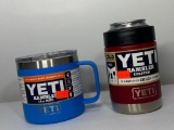 2 Items: Yeti 14oz Rambler Mug, Tahoe Blue, Yeti Colster, Brick Red