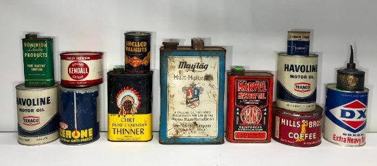 Lot of 13 Vintage Tins Including Oil, Peanut, Maytag Multi Oil and Misc.