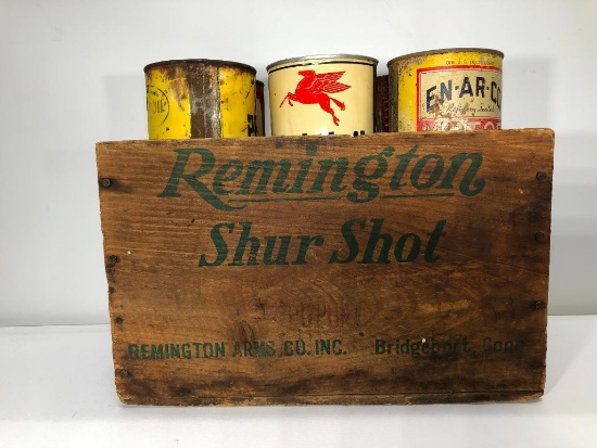 Lot of 12 Vintage Oil Cans in Remington Wooden Ammo Box