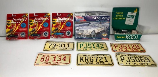 Lot of Motorcycle License Plates, Cool Cigarette Display Full of Collectibles, Unopened 64 Mustang